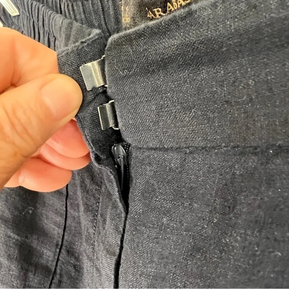 ZARA BASIC Black Linen Elastic waist Pants w/clasp & zipper Closure. Size Large